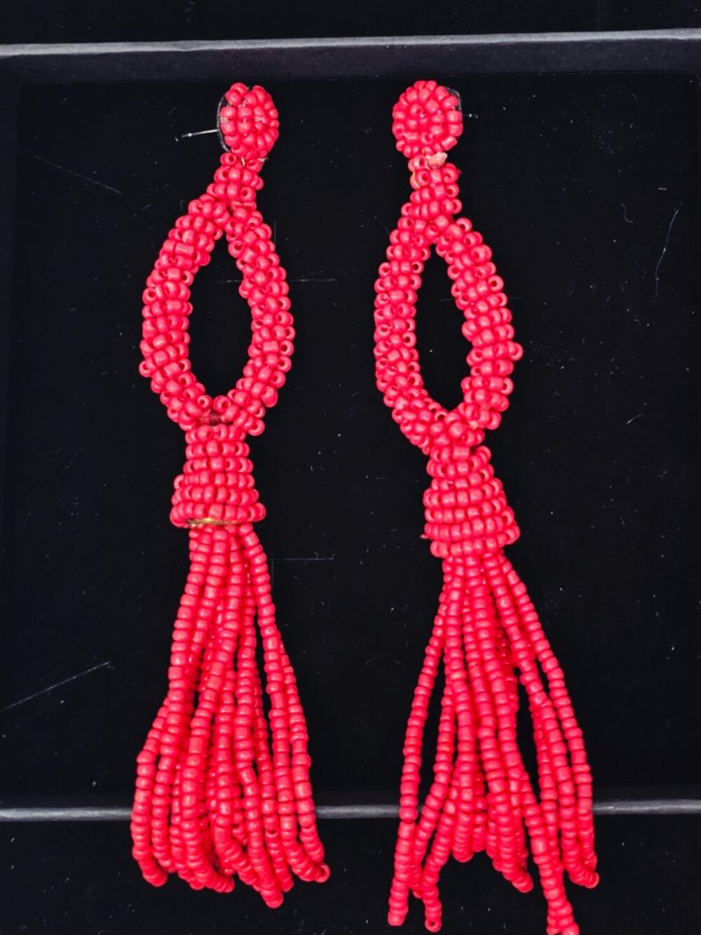 6"L Coral Red Beaded Extra Long Dangle Earrings Boho Tropical Look NEW Handmade